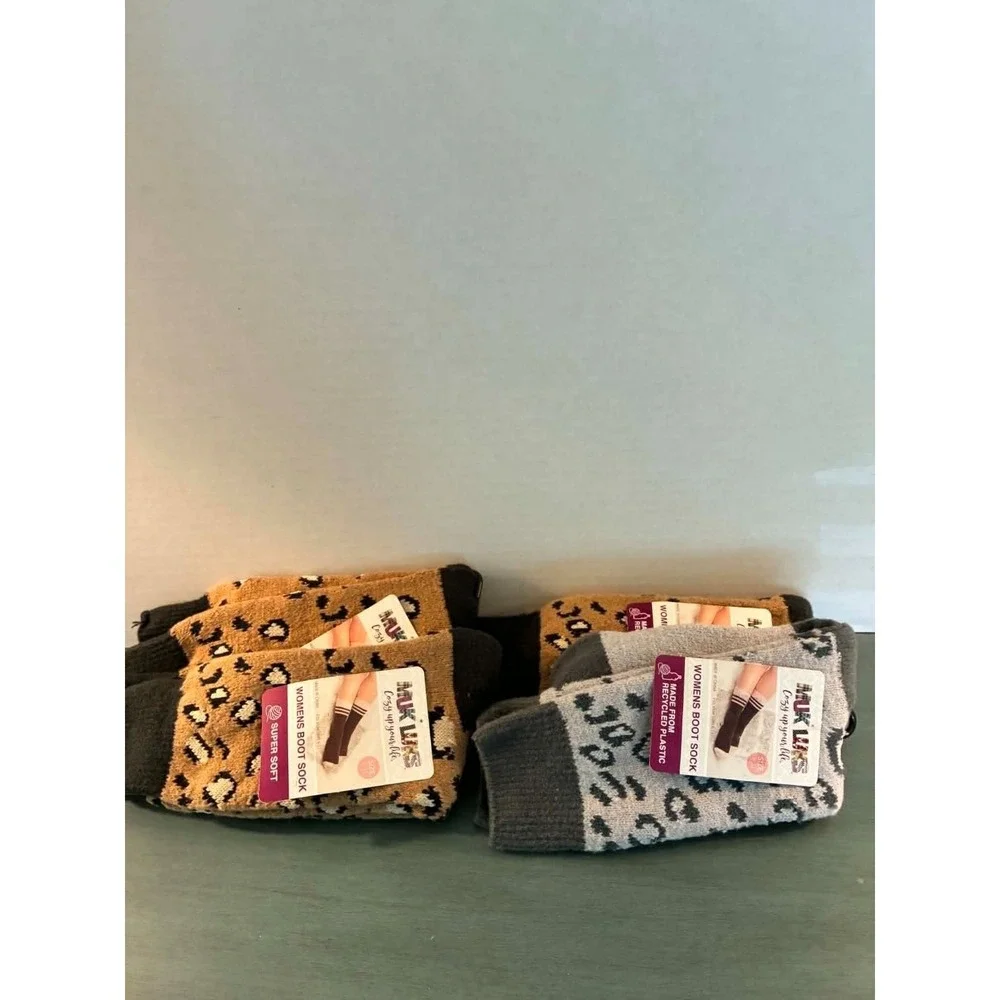 Muk Luks‎ Womens Boot Socks Leopard Print Super Soft Winter Crew Socks 4 Pair